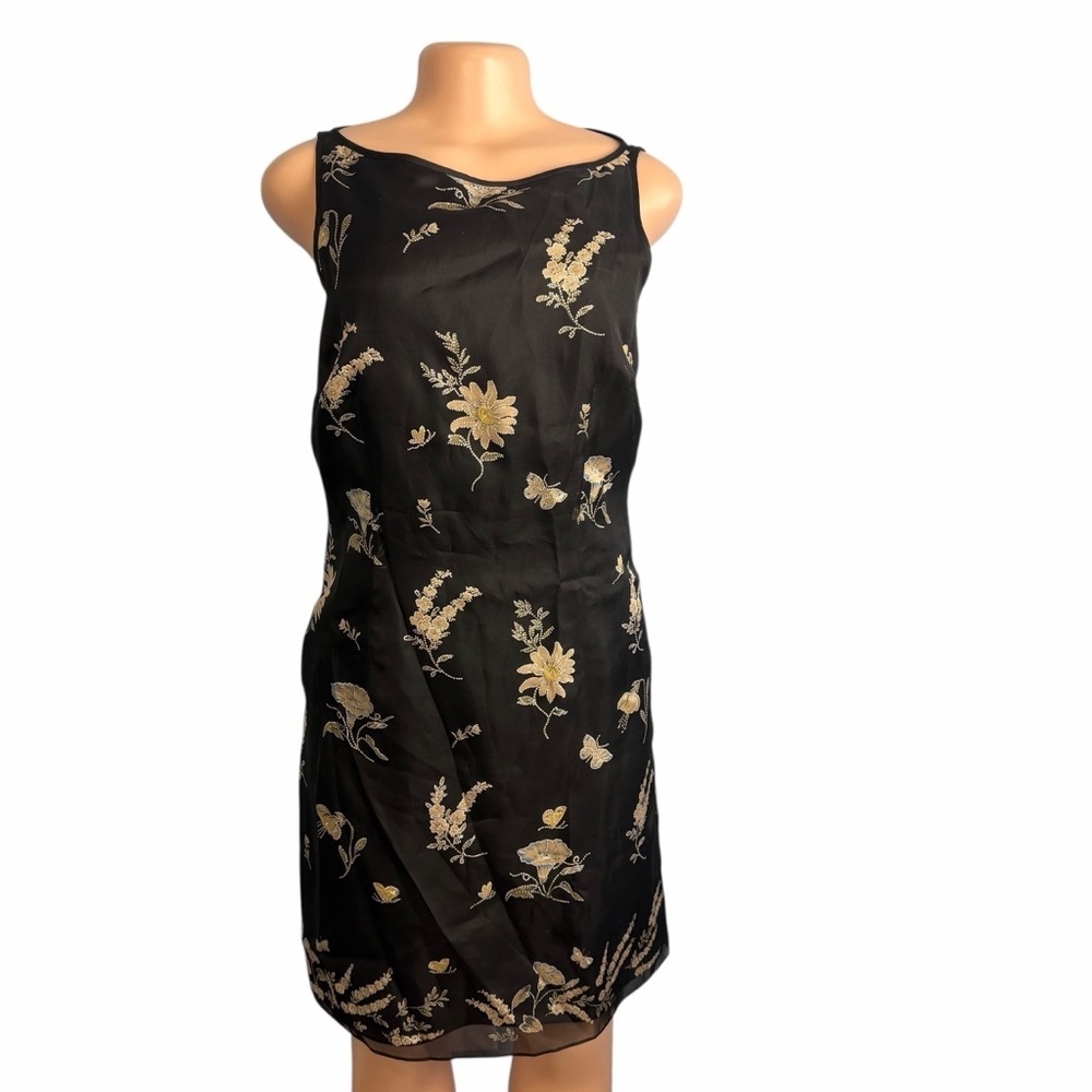 Ann Taylor Floral Embroidered Black Silk Shift Dress - Picture 6 of 12